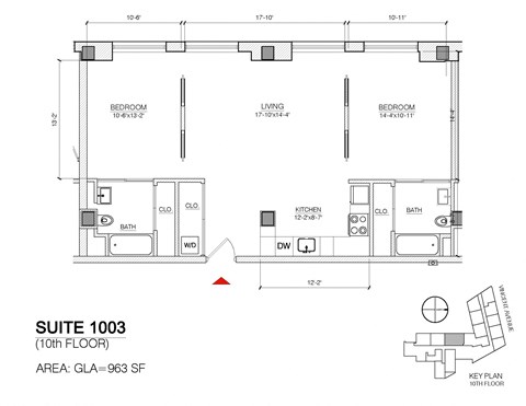 Floor plan for 2 beds, 1 bath, 963 sqft